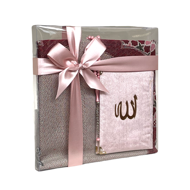 Mirac Gift set emirgan eko pink with a prayer rug, tasbih and a Mushaf/Dua book