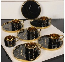 Marble look espresso / Turkish coffee cups, 6 persons, 12-piece black-gold