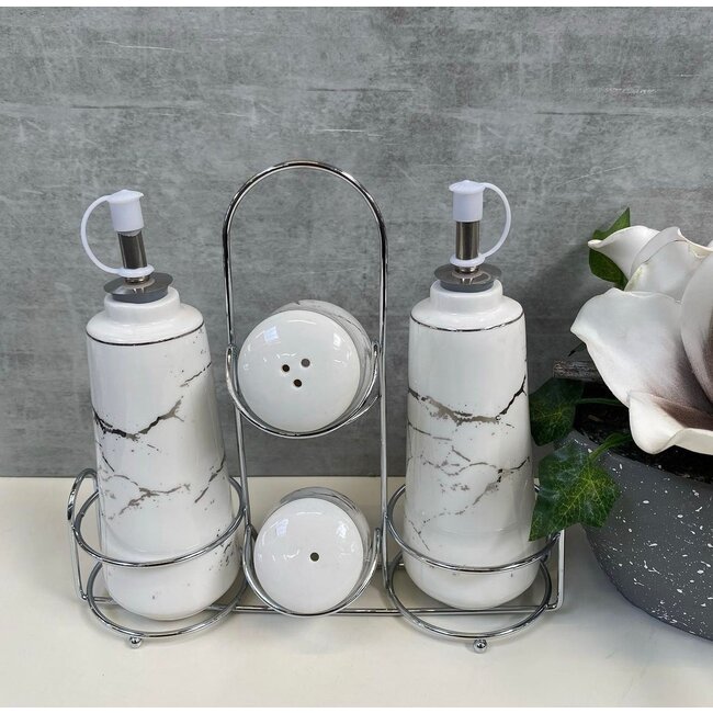 Mirac 5-Piece Menage set Marble Design White / Silver