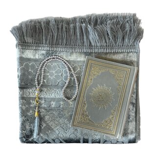 Mirac Geschenkset grijs met een luxe velvet gebedskleed, parel tasbih en een lederen Koran