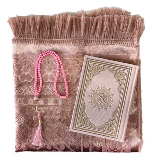 Mirac Geschenkset oud roze met een luxe velvet gebedskleed, parel tasbih en een lederen Koran