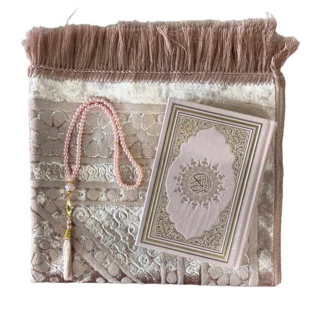 Mirac Geschenkset roze met een luxe velvet gebedskleed, parel tasbih en een lederen Koran