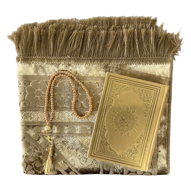 Mirac Geschenkset goud met een luxe velvet gebedskleed, parel tasbih en een lederen Koran