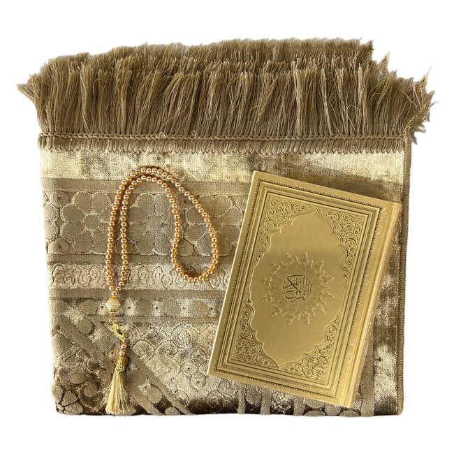 Mirac Gift set gold with a luxurious velvet prayer rug, pearl tasbih and a leather Quran