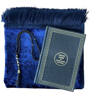 Mirac Geschenkset donker blauw met een luxe velvet gebedskleed, parel tasbih en Nederlands vertaalde Koran Kerim