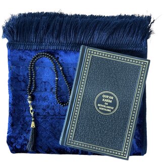 Mirac Gift set dark blue with a luxurious velvet prayer rug, pearl tasbih and Dutch translated Koran Kerim