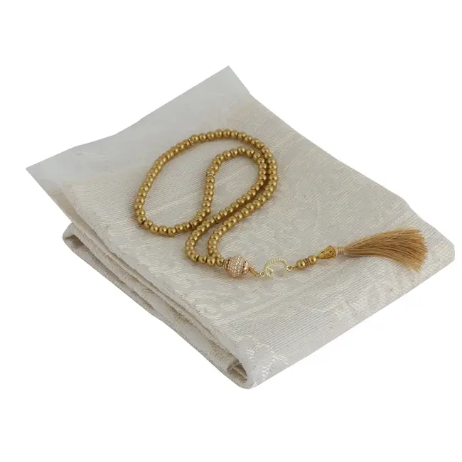 Mirac Gift set Gold with prayer rug and Pearl Tasbih