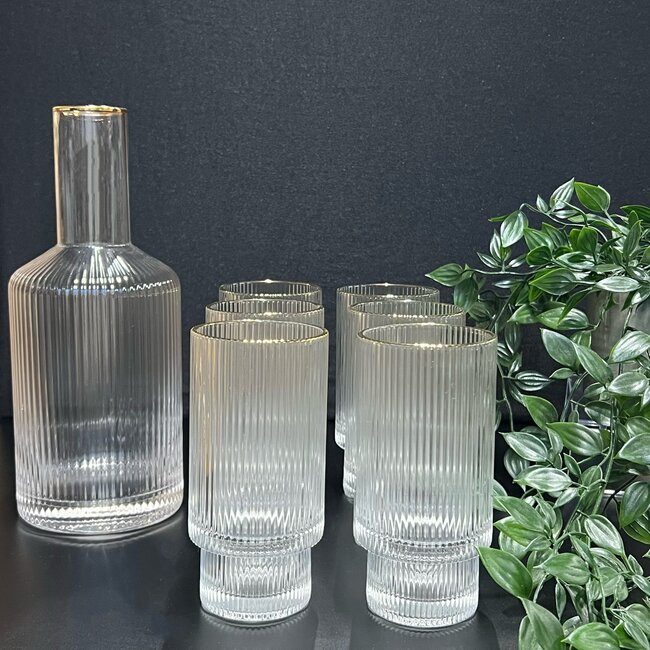 Mirac Ripple drinking glasses 6 pieces with carafe - Gold rim