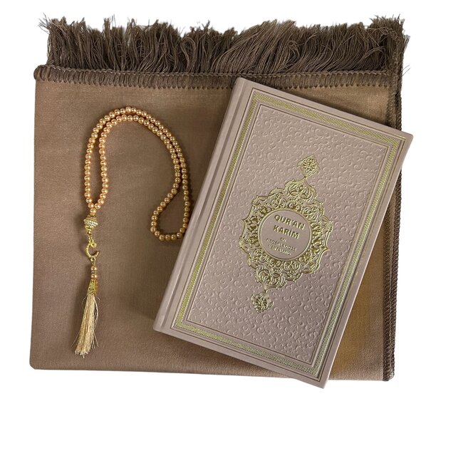 Mirac Gift set taupe with a Prayer Rug, pearl tasbih and Dutch translated Koran Kerim