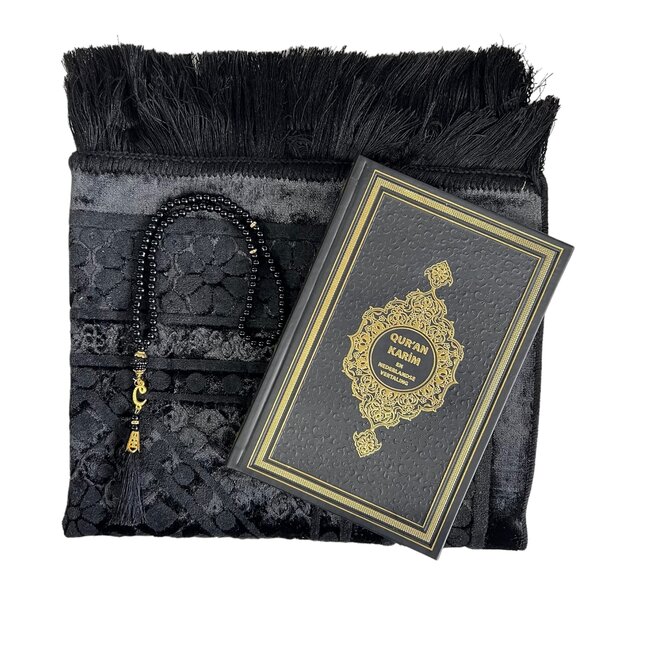 Mirac Gift set black with a luxurious velvet prayer rug, pearl tasbih and Dutch translated Koran Kerim