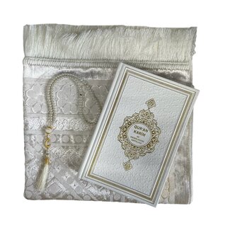 Mirac Gift set white with a luxurious velvet prayer rug, pearl tasbih and Dutch translated Koran Kerim