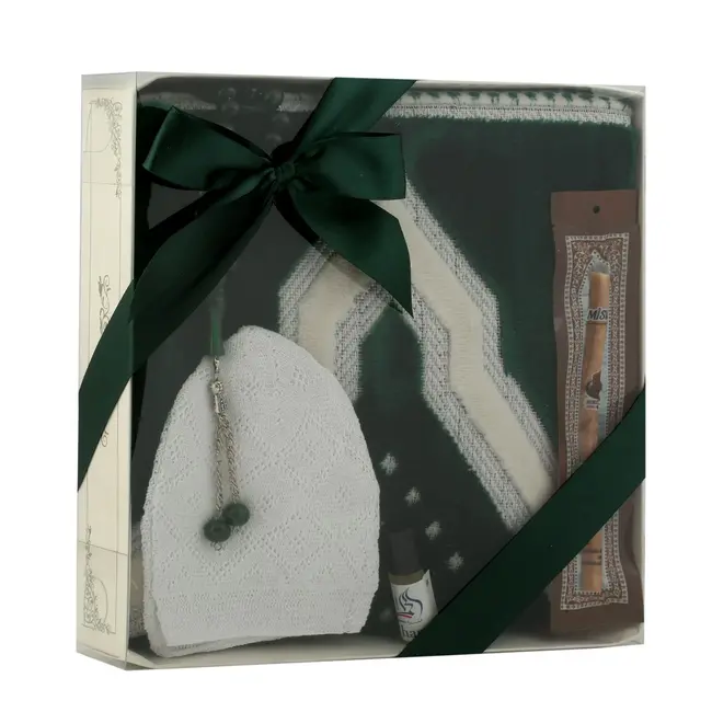 Mirac Gift set Green with prayer rug, Tasbih, Prayer Cap, Miswak and Musk