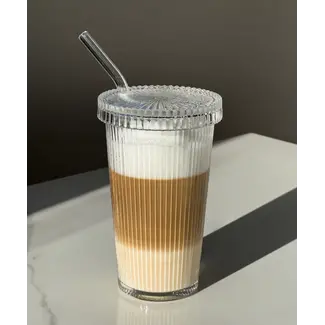 Bavary  Ribbed Glass cup with lid + straw