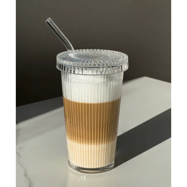 Mirac Geribbelde Glazen beker met deksel + rietje
