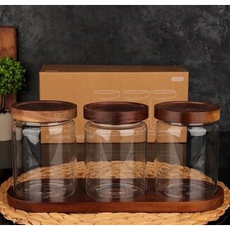 Mirac 4-piece glass jar set with acacia wooden lid