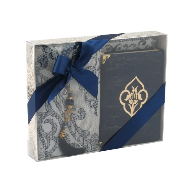 Mirac Gift set Hikmet with a Koran, prayer rug and tasbih burgundy blue