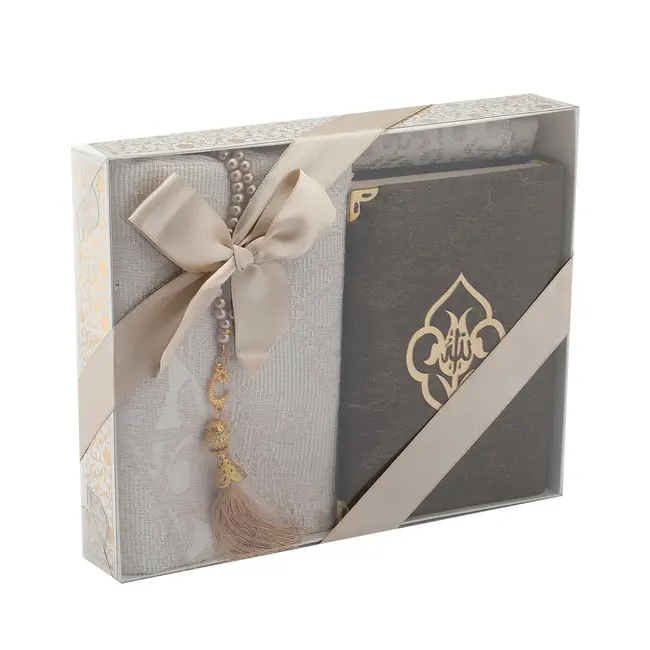 Mirac Geschenkset Hikmet met een  Koran, gebedskleed en tasbih creme / brons