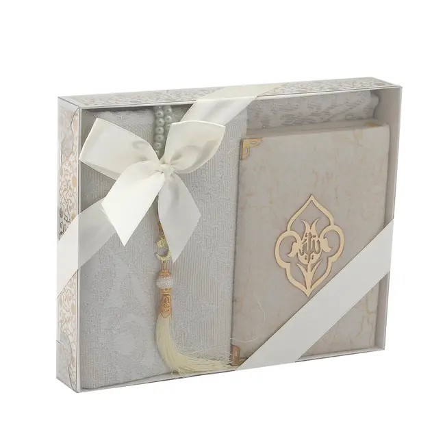 Mirac Gift set Hikmet with a Koran, prayer rug and tasbih white / cream