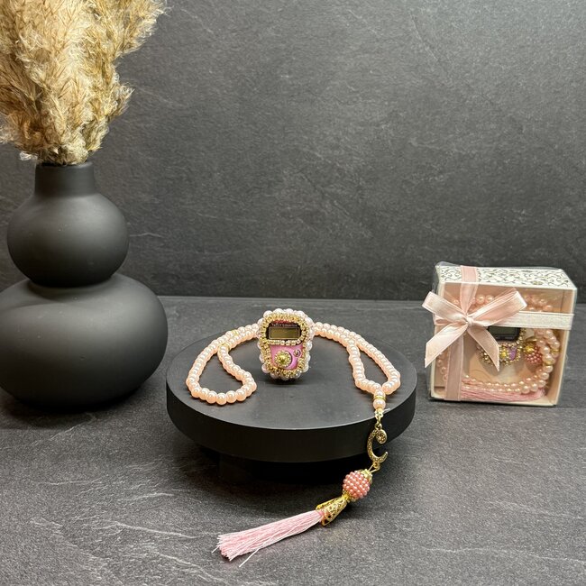 Mirac  Digitale tasbih teller + Parel Tasbih 99 kralen roze