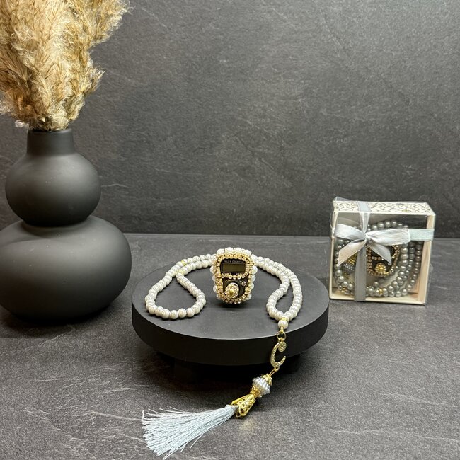 Mirac  Digitale tasbih teller + Parel Tasbih 99 kralen grijs