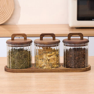 Mirac 3-delige glazen potten met acacia houten deksel