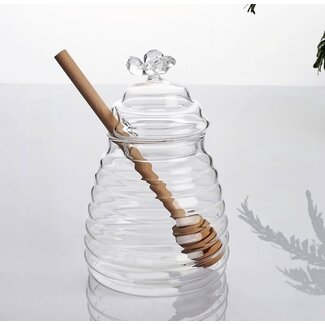Bavary  Glazen honingpot met een houten lepel