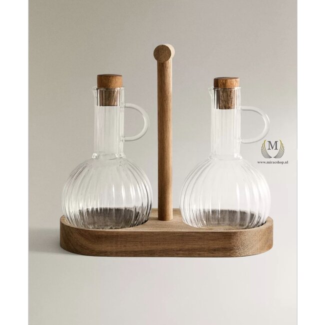 Bavary  3-delige borosilicaat glazen olieflessen met acacia houten houder