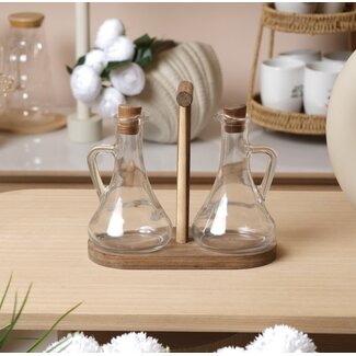 Mirac 3-delige glazen olieflessen met acacia houten houder