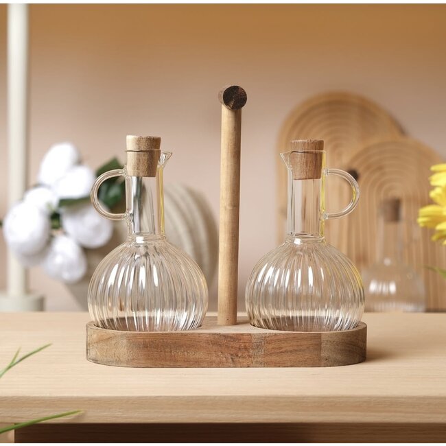 Mirac  3 piece borosilicate glass oil bottles with acacia wood holder