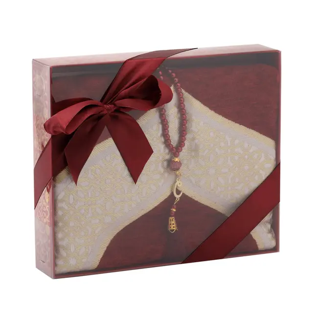 Mirac Gift set Bordeaux red with a prayer rug and Pearl Tasbih