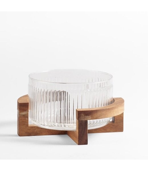 Ripple glazen salade schaal met acacia houder - S