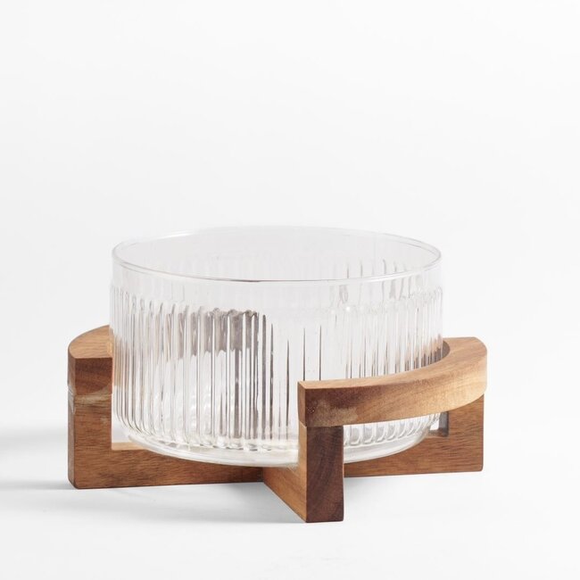 Ripple glazen salade schaal met acacia houder - S