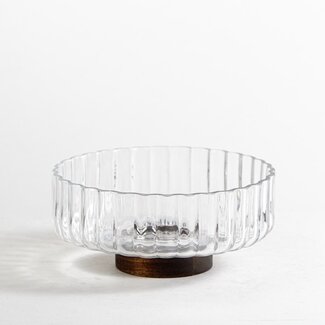 Wave glazen schaal met acacia houten onderkant - M