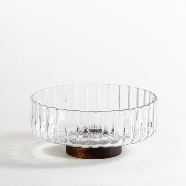 Wave glazen schaal met acacia houten onderkant - M
