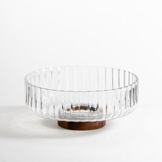 Wave glass bowl with acacia wooden base - L