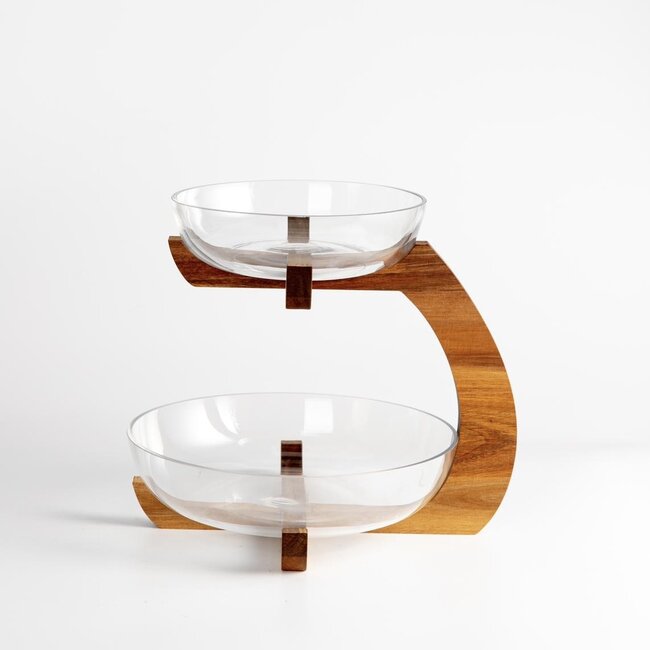 Glass serving dish 2-layer with acacia wooden holder