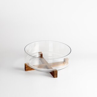 Glazen schaal met acacia houten houder - L