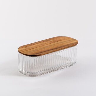 Bavary  Ripple glass storage box with acacia wooden lid - oval - S