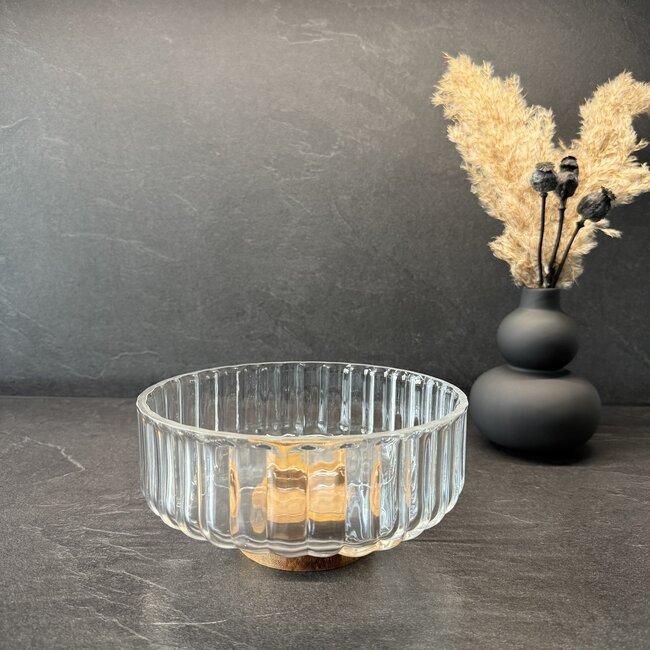 Wave glazen schaal met acacia houten onderkant - M