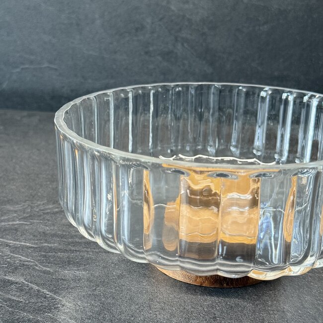 Wave glazen schaal met acacia houten onderkant - M