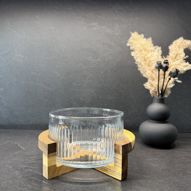 Bavary  Ripple glazen salade schaal met acacia houder - S