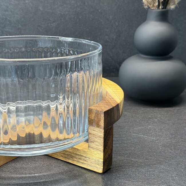Ripple glazen salade schaal met acacia houder - S
