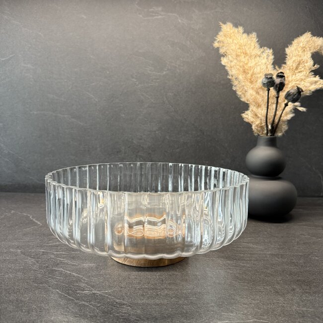Wave glass bowl with acacia wooden base - L