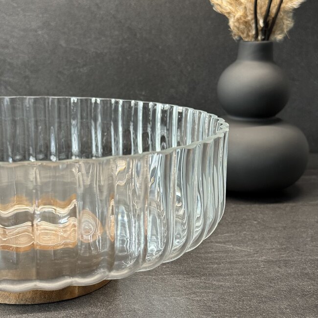 Wave glass bowl with acacia wooden base - L