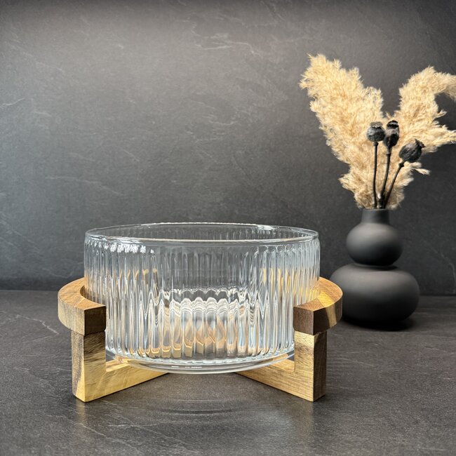 Ripple glazen salade schaal met acacia houder - L