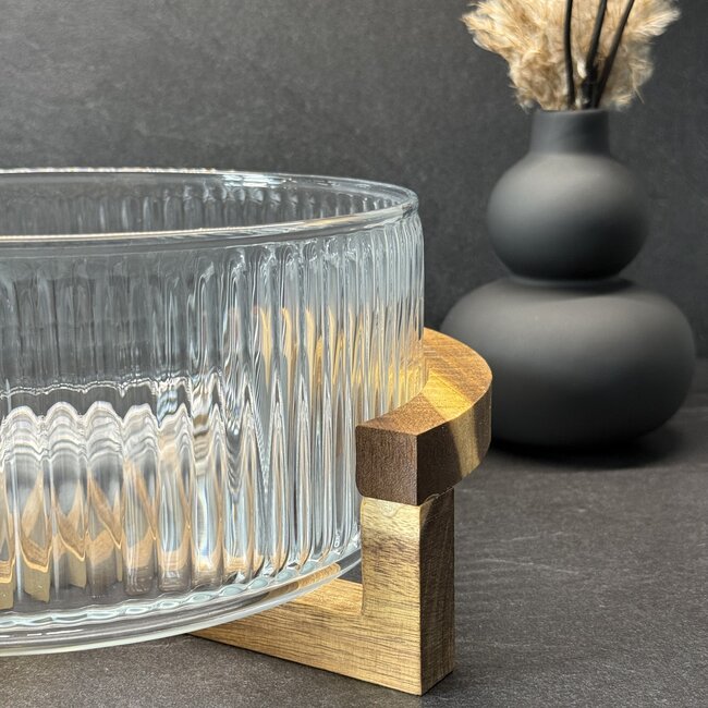 Ripple glazen salade schaal met acacia houder - L