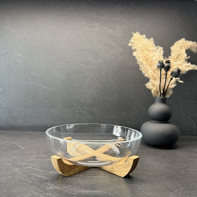 Glazen schaal met acacia houten houder - S
