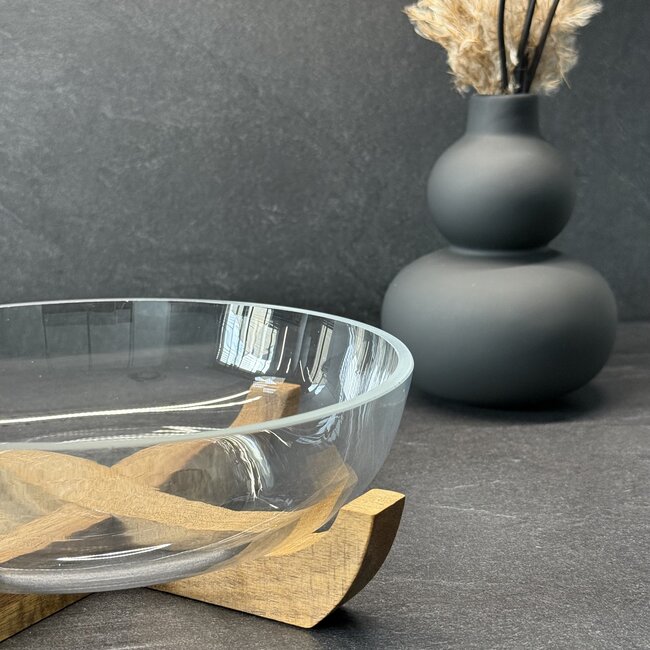 Glass bowl with acacia wooden holder - S