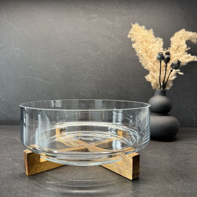 Glazen schaal met acacia houten houder - L