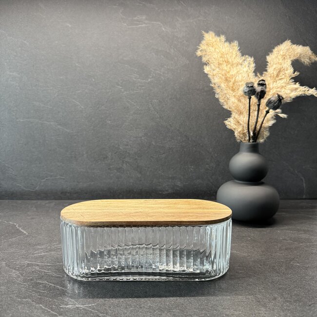 Ripple glass storage box with acacia wooden lid - oval - S